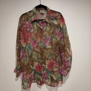 Vintage Sheer Pink Floral Blouse Shirt Top Tropical Beach Large Coverup 90s 80s